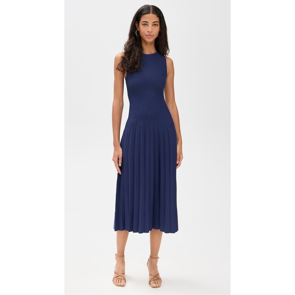 STAUD Elyse Navy Sleeveless Pleated Midi Dress
